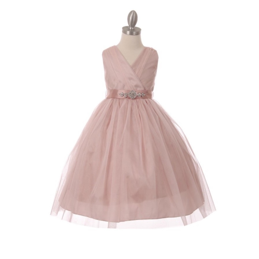 Girls Blush Glitter Tulle With Satin Belt Dress